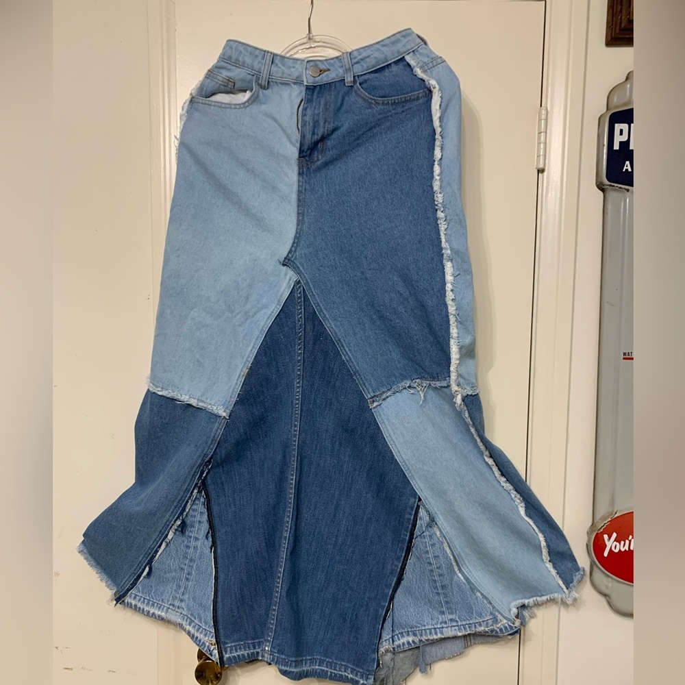 Up cycled funky jean/denim maxi skirt